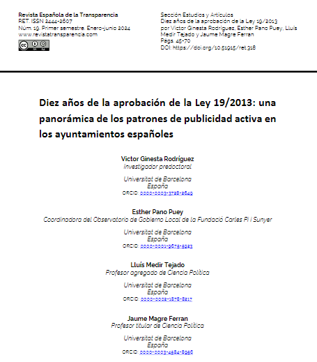 🏛️En #RET19 puedes encontrar el estudio de Víctor Ginesta, Ester Pano, Lluís Medir y Jaume Magre (<a href="/UniBarcelona/">Universitat de Barcelona</a>) titulado: «Diez años de la aprobación de la Ley 19/2013: Una panorámica de los patrones de publicidad activa en los ayuntamientos españoles»

🔗revistatransparencia.com/ojs/index.php/…