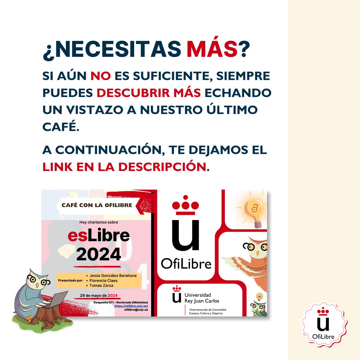 OfiLibre URJC (@ofilibreurjc) on Twitter photo Si aún no sabes lo que es <a href="/esLibre_/">@eslibre@floss.social</a> , te lo explicamos en este post🌟
Desde la OfiLibre, disfrutamos cada momento del congreso 🎉
Visita nuestro café ☕ para saber más👉(tv.urjc.es/video/66572cdd…).
#EsLibre #OfiLibre #Madrid #Libertad #Conocimiento #Café #Aprendizaje Si aún no sabes lo que es <a href="/esLibre_/">@eslibre@floss.social</a> , te lo explicamos en este post🌟
Desde la OfiLibre, disfrutamos cada momento del congreso 🎉
Visita nuestro café ☕ para saber más👉(tv.urjc.es/video/66572cdd…).
#EsLibre #OfiLibre #Madrid #Libertad #Conocimiento #Café #Aprendizaje