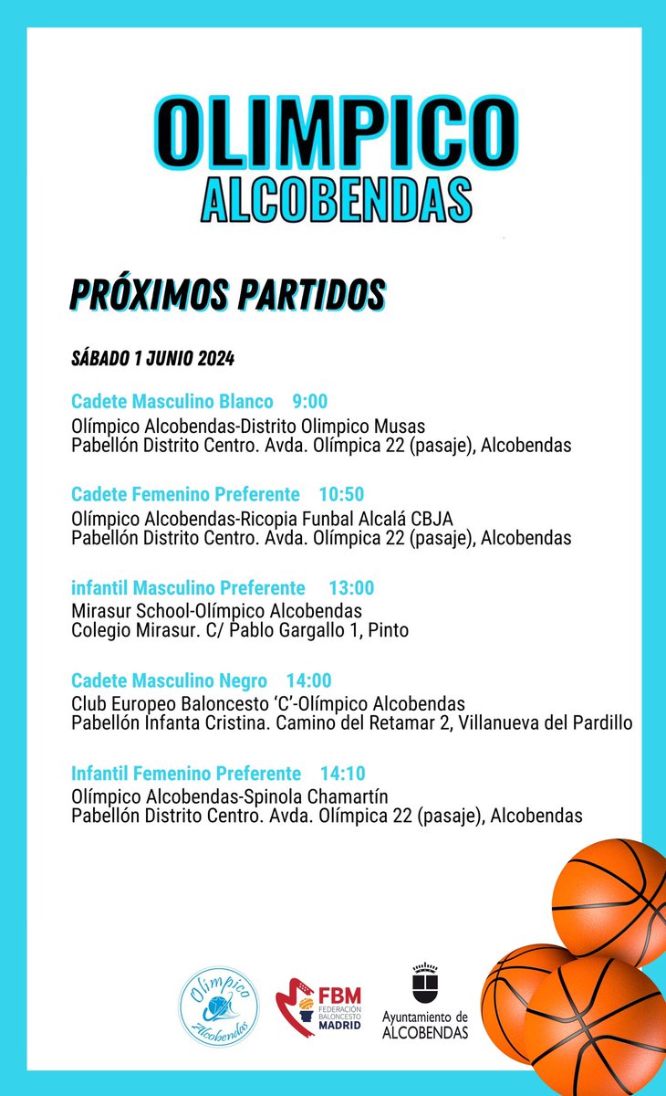 Últimos partidos de la temporada 🔜 Nuestros equipos cadetes e infantil ponen el punto y final a la temporada 23/24 🏀 ¡Mucha suerte y a disfrutar! 💙 #SomosOlimpico