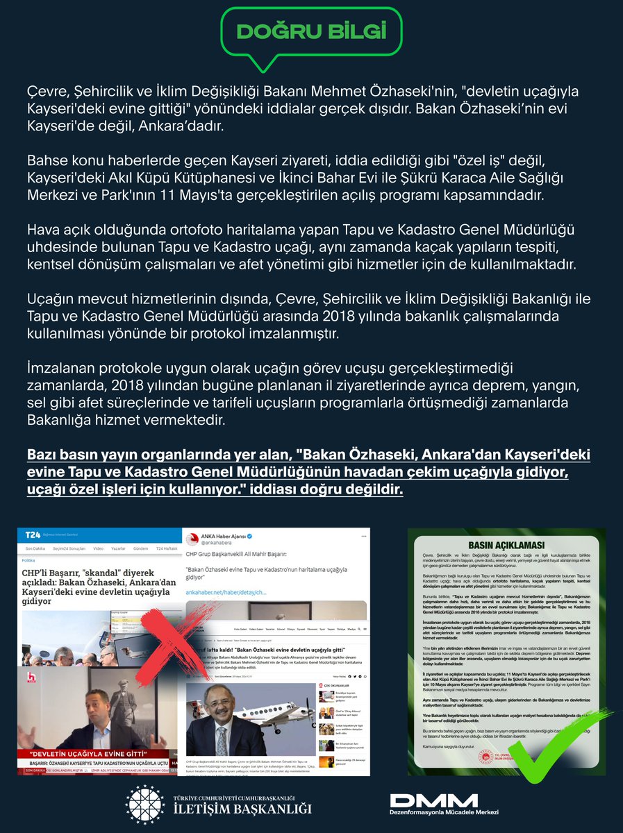 Bazı basın yayın organlarında yer alan, 'Bakan Özhaseki, Ankara'dan Kayseri'deki evine Tapu ve Kadastro Genel Müdürlüğünün havadan çekim uçağıyla gidiyor, uçağı özel işleri için kullanıyor.' iddiası doğru değildir.

Çevre, Şehircilik ve İklim Değişikliği Bakanı Mehmet
