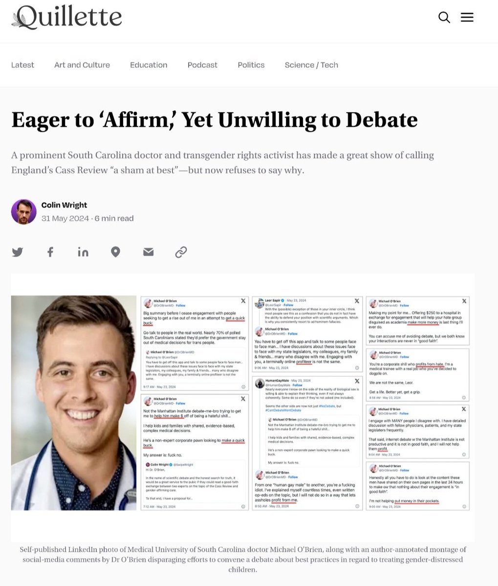 Eager to ‘Affirm,’ Yet Unwilling to Debate: 'A prominent South Carolina doctor & transgender rights activist [Michael O’Brien] has made a great show of calling England’s Cass Review 'a sham at best'—but now refuses to say why.' @SwipeWright in @Quillette quillette.com/2024/05/31/eag…
