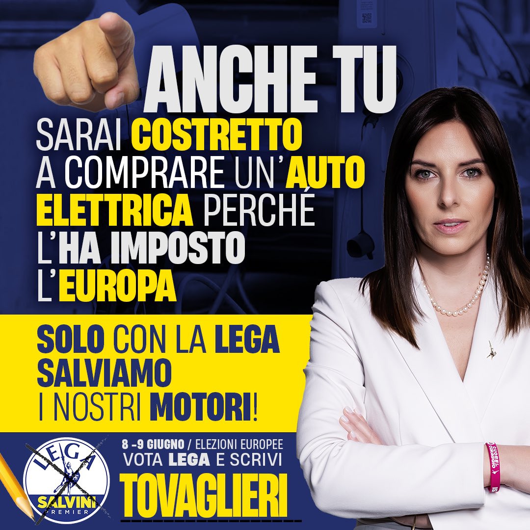 L'auto elettrica? ❌Un costo bluff che la sinistra in Europa ci vuole imporre. VOTA LEGA e SCRIVI TOVAGLIERI contro queste imposizioni ideologiche che creeranno danno alla nostra competitività e anche all'ambiente. 𝑬𝒍𝒆𝒛𝒊𝒐𝒏𝒊 𝒆𝒖𝒓𝒐𝒑𝒆𝒆 8-9 giugno ✍🏼