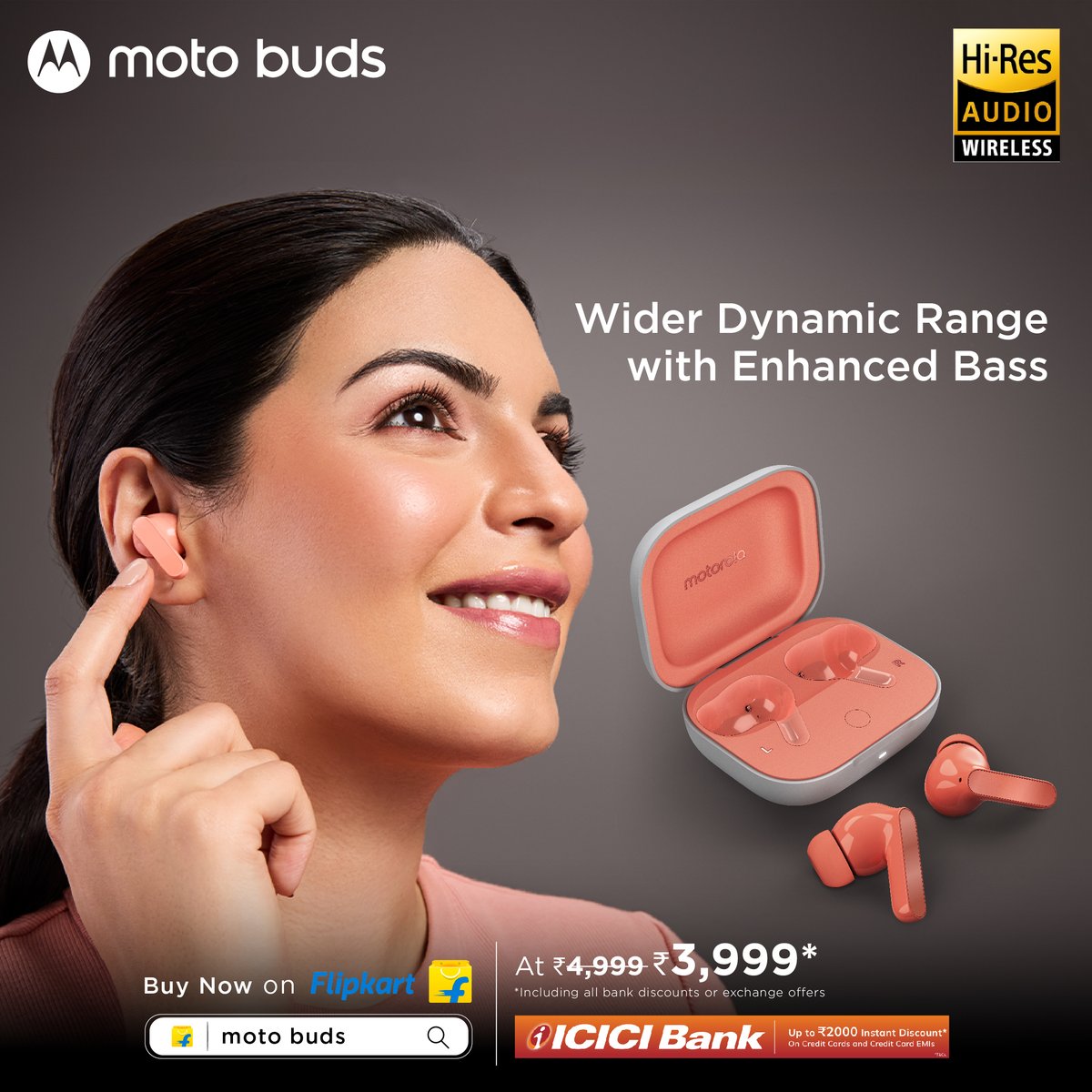 motorolaindia's tweet photo. #MotoBuds boasts Hi-Res Audio, delivering a wider frequency range & capturing 3x more audio detail compared to standard earbuds. Hear details with enhanced bass you never noticed before.
Starting at ₹3,999*, buy now @flipkart & https://t.co/azcEfy1Wlo
#SoundOfYouth https://t.co/lYmEdDj5La