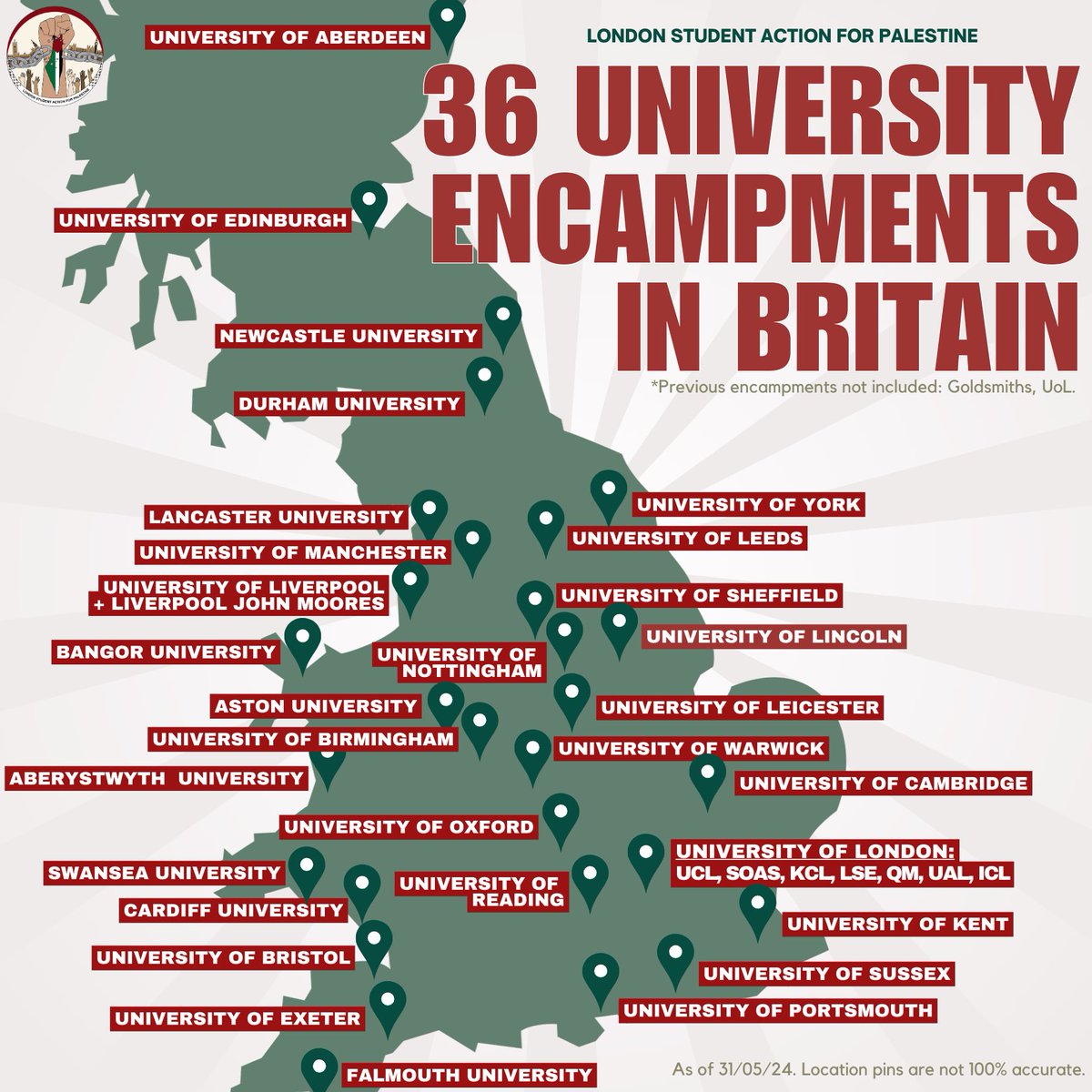36 Universities have now launched their solidarity encampments in Britain for Palestine 🇵🇸👏
 
Power to the students.