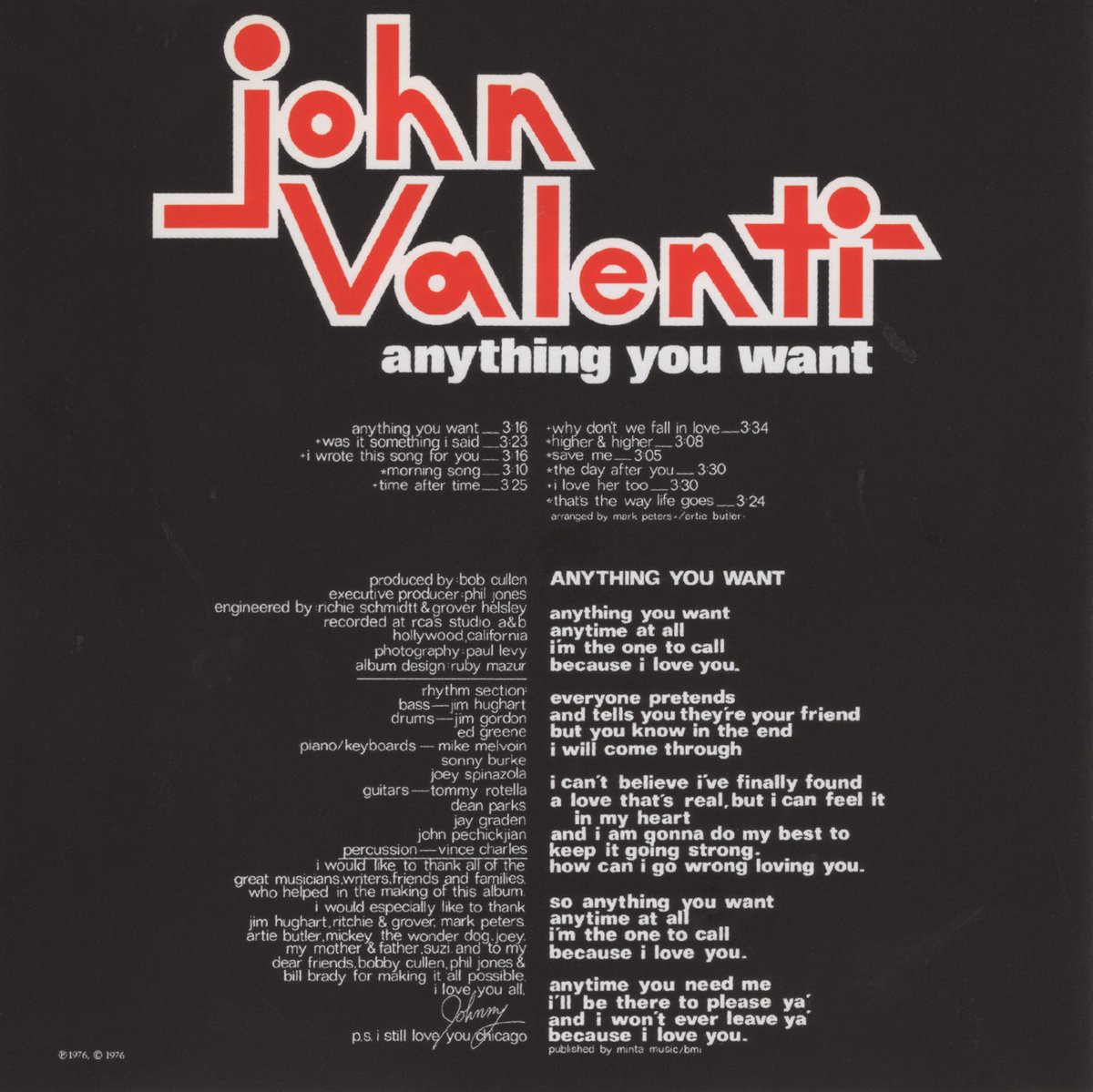 John Valenti『Anything You Want』
AORの名盤として語り継がれてきた76年盤。CD化は日本だけ。そんなにレアじゃないし結構安い。Stevie Wonderと比較されてきたブルー・アイド・ソウル。
Jay Graydonが参加してるということで気になって探してきた。
フリーソウルだけどパストラルなPopも聴ける名作。