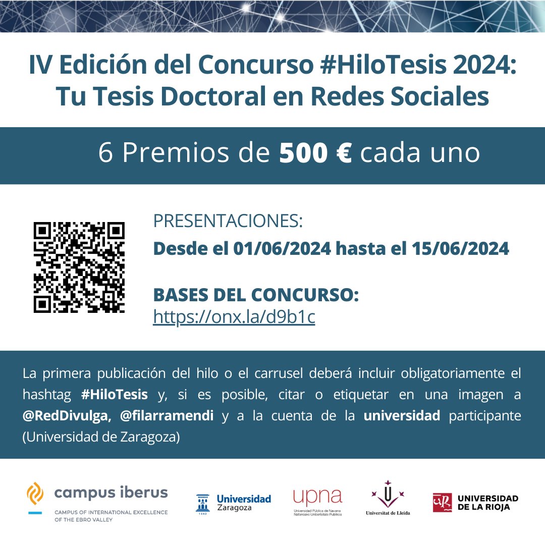 La Red de Divulgación y Cultura Científica de la @CrueUniversidad junto con @filarramendi organizan el concurso #HiloTesis 2024, con el que se busca incentivar la divulgación científica y acercar a la sociedad a la ciencia.

Bases del concurso: onx.la/d9b1c