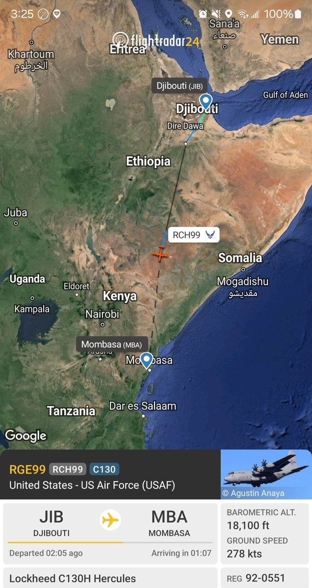 Borrowed7Time's tweet photo. USAF C-130H 92-0551 #ADFE86 as RGE99 en route to Mombasa from Djibouti.
@Dinlas3 https://t.co/1pHRLN6jgb