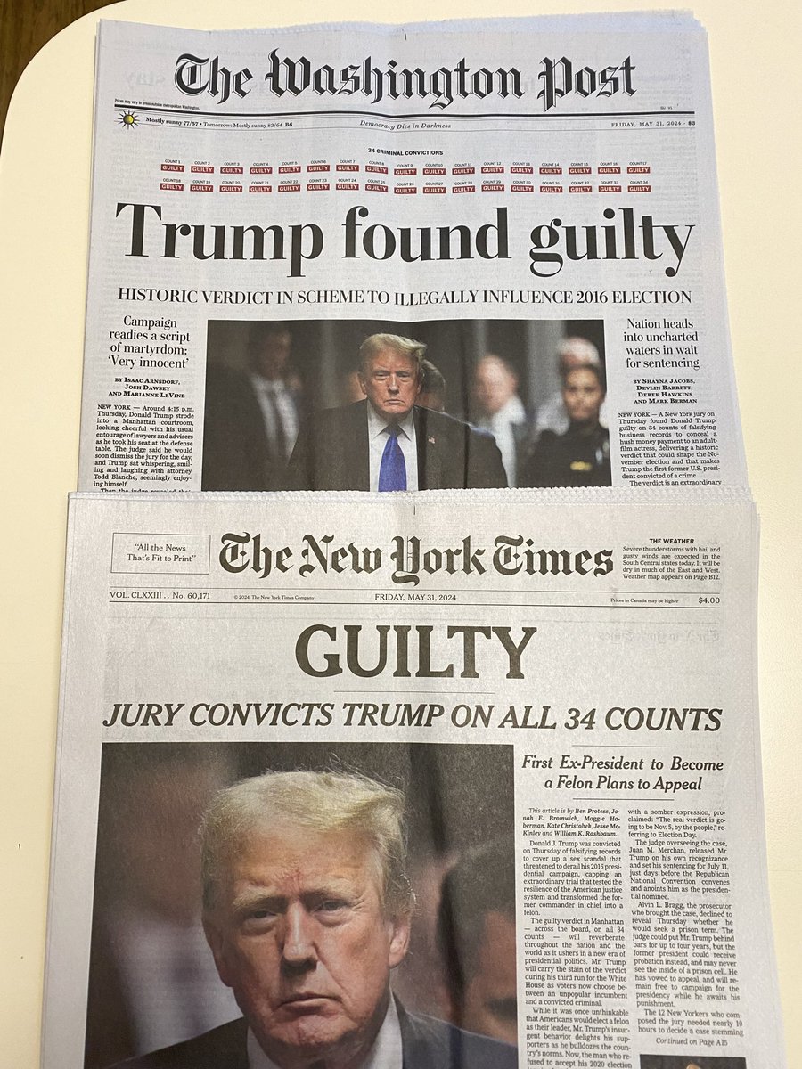 Guilty. Historic across the front page headlines in the print editions of the @nytimes and @washingtonpost today