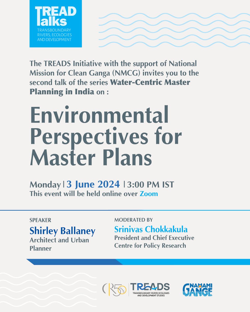 Join us on Monday for a TREAD Talk (with the support of @cleanganganmcg) on 'Environmental Perspectives for Master Plans' by Shirley Ballaney, Architect and Urban Planner. Location: Zoom Time: 3PM Register: cprindia.org/events/environ…