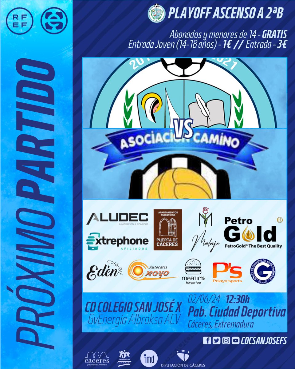 El Domingo último partido de la temporada en casa en juego el Ascenso a 2ªB (IDA)

1️⃣2️⃣:3️⃣0️⃣ 🆚 <a href="/AscVida/">Badajoz/GvEnergia/ACV⚽️</a> 

El domingo contaremos con la presencia del mejor speaker de Extremadura, <a href="/leo_cinturita/">CinturitaLeo</a> se encargará de animar el partido.

🩵¡VAMOS AFICIÓN!🩵

#SueñaAzul
#123SanJosé🩵