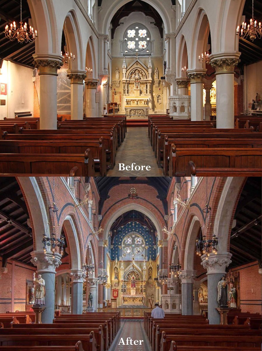 Corpus Christi Catholic church in London before and after renovation. 
Make our churches beautiful again!