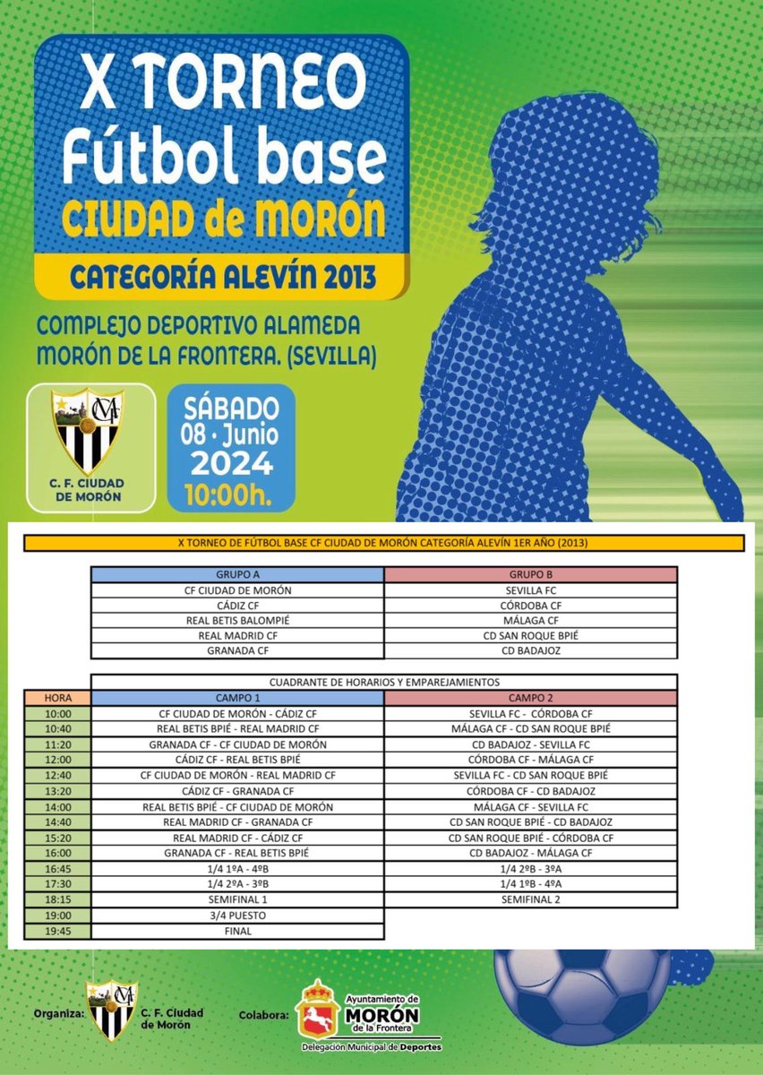 🏆⚽️"X Torneo Fútbol Base C.F. Ciudad De Morón" (Alevín 1er año)

Os dejamos los Grupos y Emparejamientos del Torneo.
Se disputará el sábado 08 de junio, en el Complejo Deportivo Alameda de Morón de la Frontera desde las 10:00 horas🤗
¿Te lo vas a perder?

#XTorneoFBCiudadDeMorón