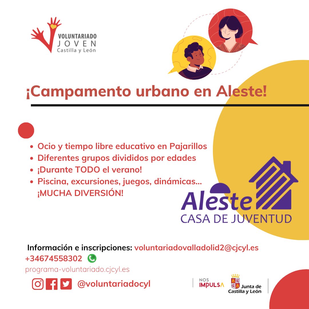 voluntariadocyl (@voluntariadocyl) on Twitter photo Voluntariado en #Valladolid
Este verano... haz voluntariado en @cjaleste o en <a href="/redincola/">Red Incola</a> en sus actividades de verano. En Pajarillos, en Rondilla, en el Camino Viejo de Simancas...
Infórmate e inscríbete: voluntariadovalladolid2@cjcyl.es o 674558302
<a href="/JuventudCYL/">Juventud CYL</a> <a href="/CJCyL/">Consejo de la Juventud de Castilla y León</a> Voluntariado en #Valladolid
Este verano... haz voluntariado en @cjaleste o en <a href="/redincola/">Red Incola</a> en sus actividades de verano. En Pajarillos, en Rondilla, en el Camino Viejo de Simancas...
Infórmate e inscríbete: voluntariadovalladolid2@cjcyl.es o 674558302
<a href="/JuventudCYL/">Juventud CYL</a> <a href="/CJCyL/">Consejo de la Juventud de Castilla y León</a>