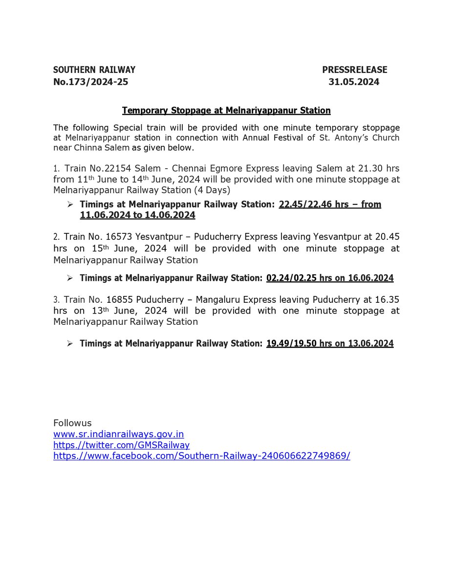 The following #SpecialTrain will be provided with a one-minute temporary stoppage at #Melnariyappanur station in connection with Annual Festival of St. Antony’s Church near #ChinnaSalem. Passengers, kindly take note and plan your journey.

#SouthernRailway #ChurchFestival