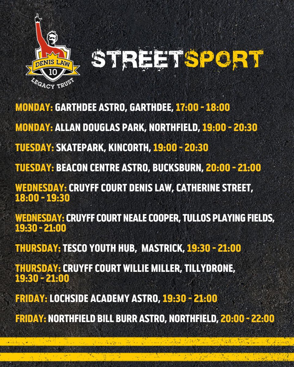 Streetsport sessions update!⚽️☀️ Sessions are 5 nights a week, 50 weeks of the year and are completely free-to-access! Stay tuned to our website and social media for any updates. All locations: denislawlegacytrust.org/locations
