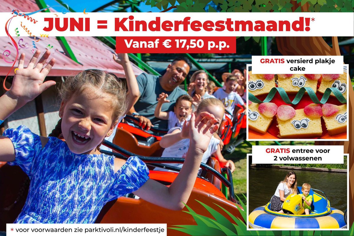 🥳 JUNI = Kinderfeestmaand in Park Tivoli!

Vier in de maand juni je feestje in Park Tivoli 🎢 en je mag GRATIS 2 volwassenen meenemen. Daarnaast krijgen alle kinderen ook nog eens GRATIS een versierd plakje cake. Dat is pas een feestje! 🎉

Meer info op parktivoli.nl/kinderfeestje