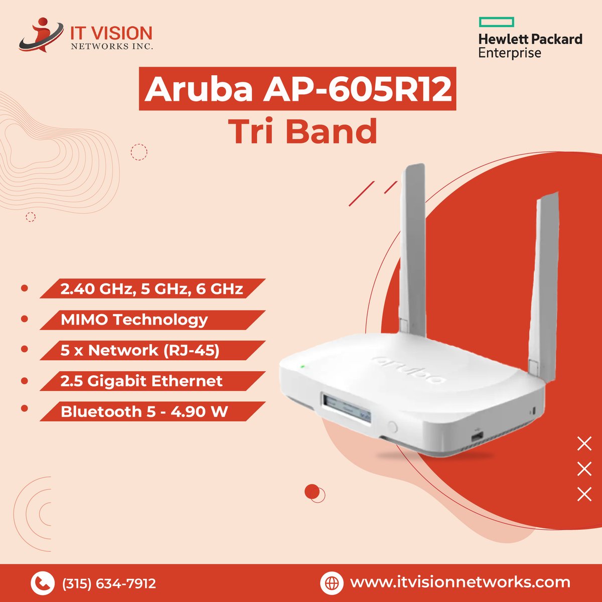 itvisionnetwork's tweet photo. Unleash lightning-fast Wi-Fi with the Aruba AP 605 R12 and take your productivity to the next level. Aruba AP 605 R12 is designed to deliver high speed and enhance security. What else do you want? Contact us to learn more!

Visit us: https://t.co/9icQCOqXz1
SKU: R8N20A https://t.co/XWTgwiCp65