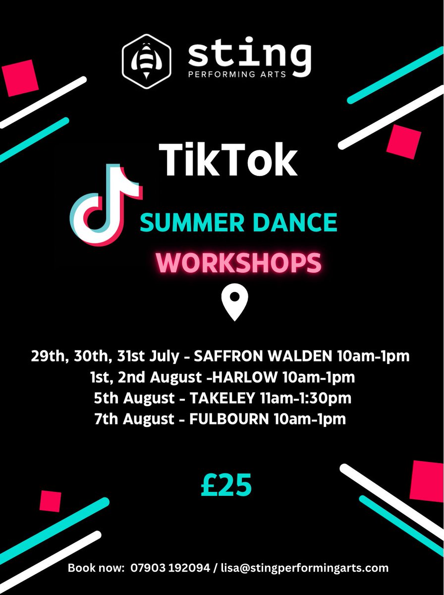 🌞🎬 Join our summer TiKToK workshops! 

This summer our TiKToK workshops will be returning! Our workshops are perfect for kids aged 6-16 who want to learn the latest dance TikTok moves. Explore new skills, create dances and make new friends. 🚨Reserve Now #summerholidays