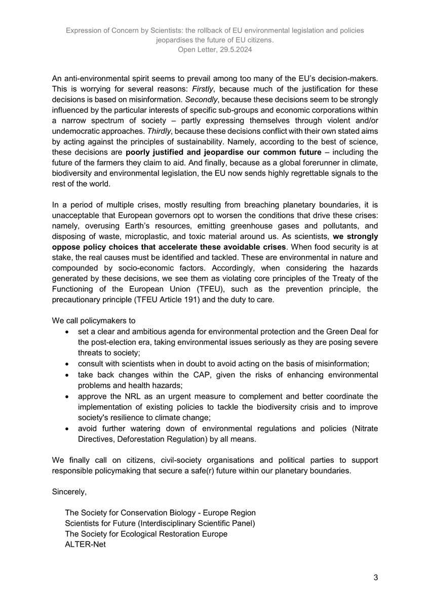 'The rollback of #EU environmental legislation and policies jeopardises the future of EU citizens' Open letter from 29 May 2024 by a broad spectrum of science associations and networks across Europe to the @EU_Commission and all MEPs: zenodo.org/records/113734…