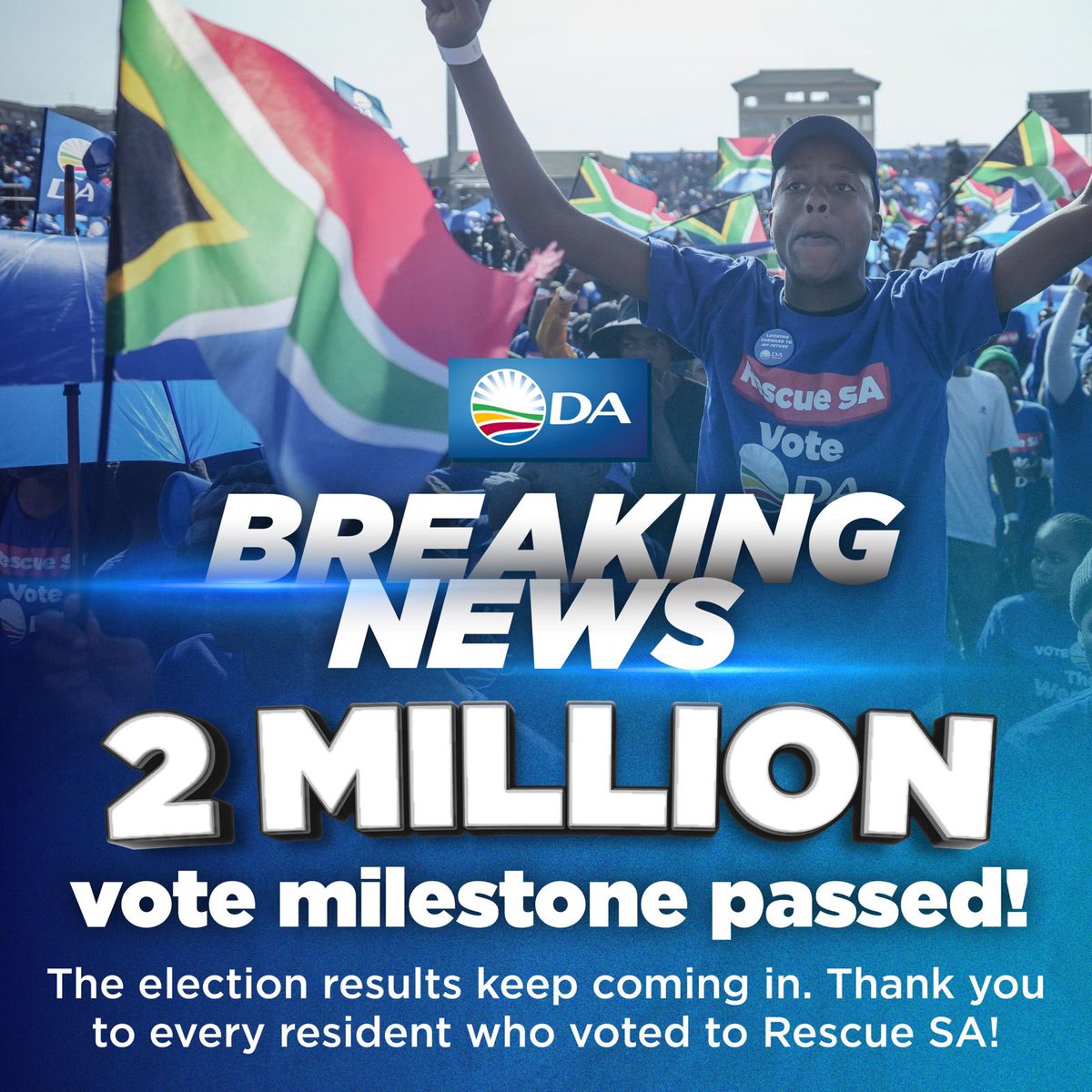 🚨 BREAKING: The DA has now secured over 2 million votes as the counting by the IEC continues.

The DA is now unquestionably back to a growth path, after growing in Election 2021 and 2024 consecutively.

Thank you for uniting to #RescueSA. 🇿🇦