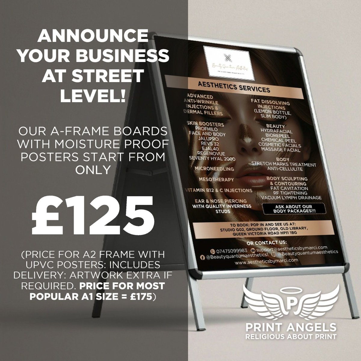 ANNOUNCE YOUR BUSINESS AT STREET LEVEL! OUR A-FRAME BOARDS WITH MOISTURE PROOF POSTERS START FROM ONLY £125 (PRICE FOR A2 FRAME WITH UPVC POSTERS: INCLUDES DELIVERY: ARTWORK EXTRA IF REQUIRED. A1 SIZE £175)  #aframes #display #appointments #beauty #mua #lashes #beauty #aesthetics