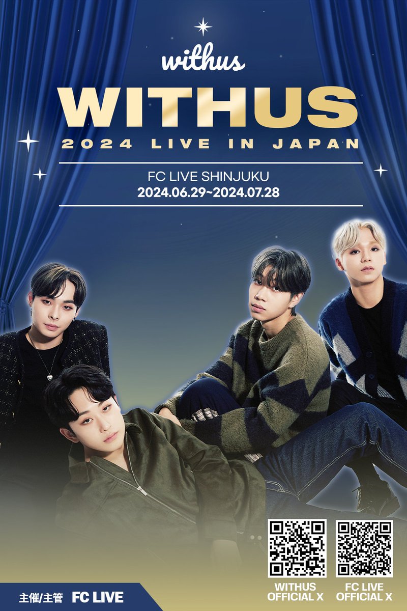 【#FCLIVE_SHINJUKU】 #withus 2024 LIVE IN JAPAN 🖤チケット発売中🖤 🗓6/29~7/28 #ウィザス の情熱的なステージを お見逃しなく‼️フリープロモーションDAYもありますので是非お越し下さい😊 チケット詳細 🔗 bit.ly/458OIj9 #위더스