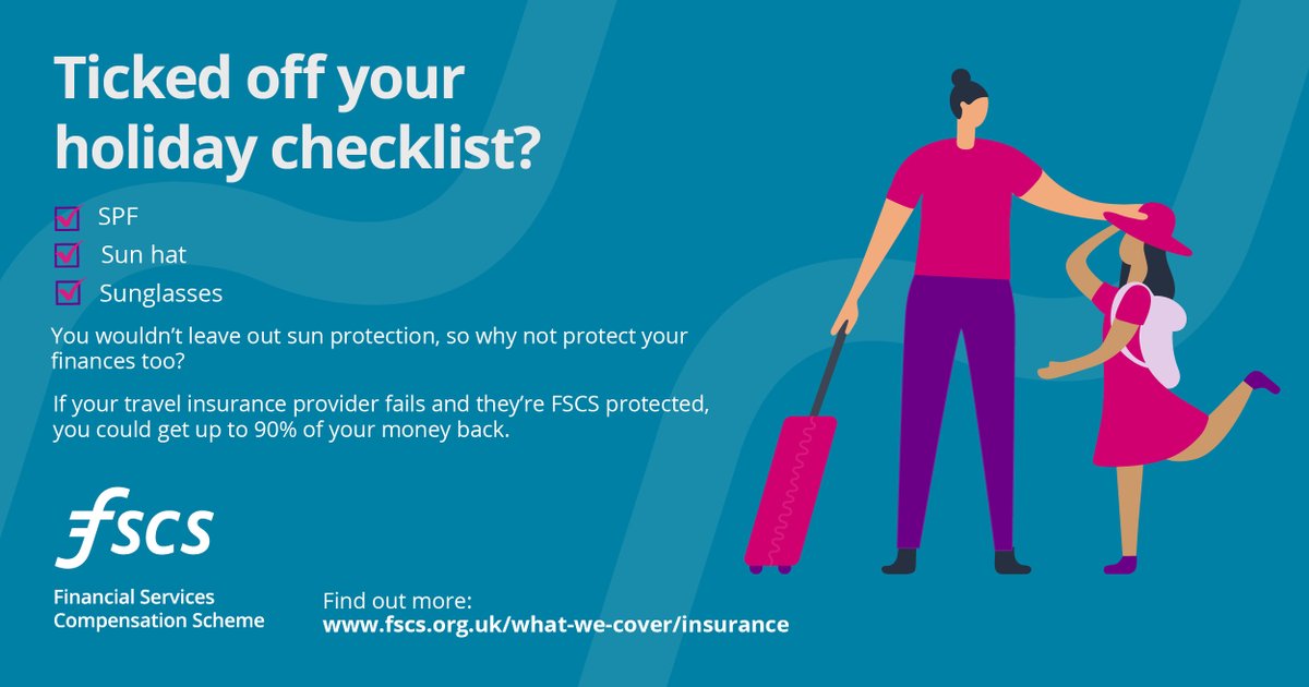 Getting your travel essentials sorted for a summer getaway? It's best to make sure your #TravelInsurance is covered too 🧳

If your #insurance provider fails and they're FSCS protected, you may be able to get up to 90% of your money back. 

Learn more 👇
fscs.org.uk/what-we-cover/…