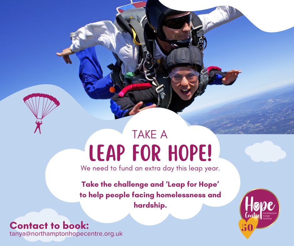 Yes it's a leap year.. and that means we have had to fund an extra day of service at Hope. Could you take a leap for Hope this year to help us fund the extra day? You can skydive or take the abseil challenge: northamptonhopecentre.org.uk/our-events/sky… #50YearsofHope #LeapforHope