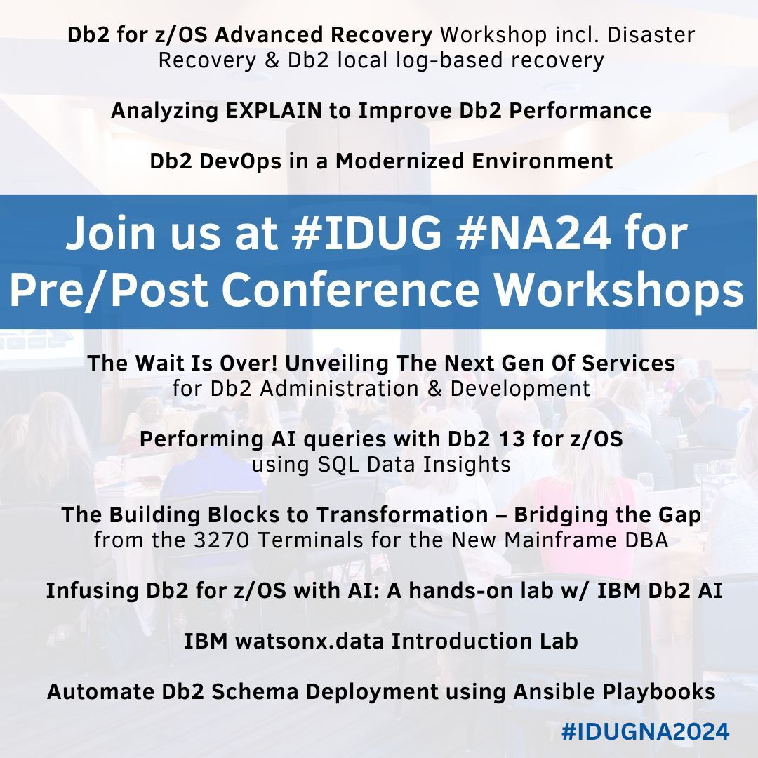 IDUGDb2's tweet photo. Attendees at #IDUG #NA24 can take advantage of pre- and post-conference workshops on several key topics including AI, automation, disaster recovery, and more. THE HOTEL ROOM &amp; DISCOUNT BLOCK ENDS TMRW, 1 JUNE so don't wait - https://t.co/Dh8qauTHY7 #database #AI #ML #Db2z https://t.co/ObzTJ2apSv