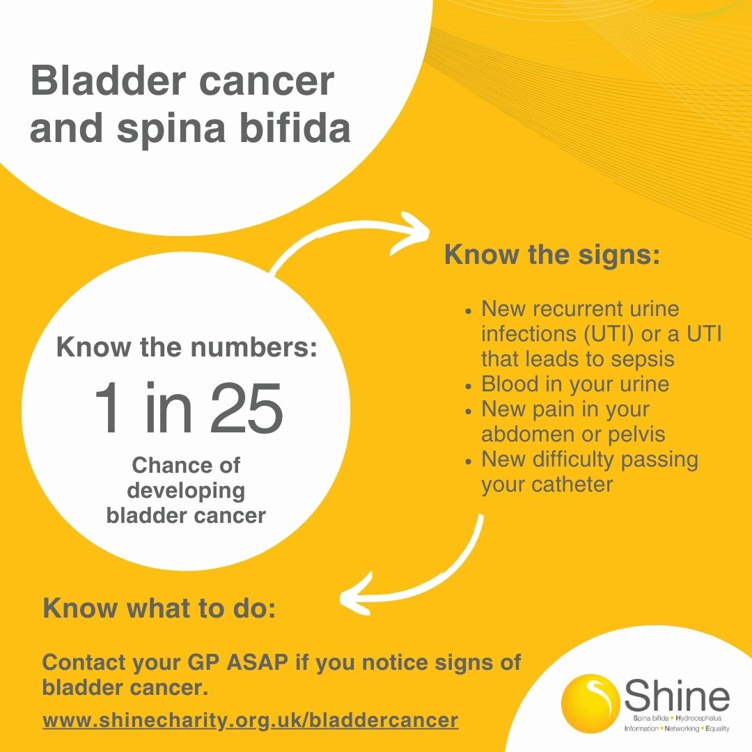 People with #SpinaBifida are at increased risk of developing #BladderCancer and at a younger age. 

#BladderCancerMonth24 is vital because awareness means catching cancer earlier which increases the chance of successful treatment. 

Find out more 👉shinecharity.org.uk/bladdercancer