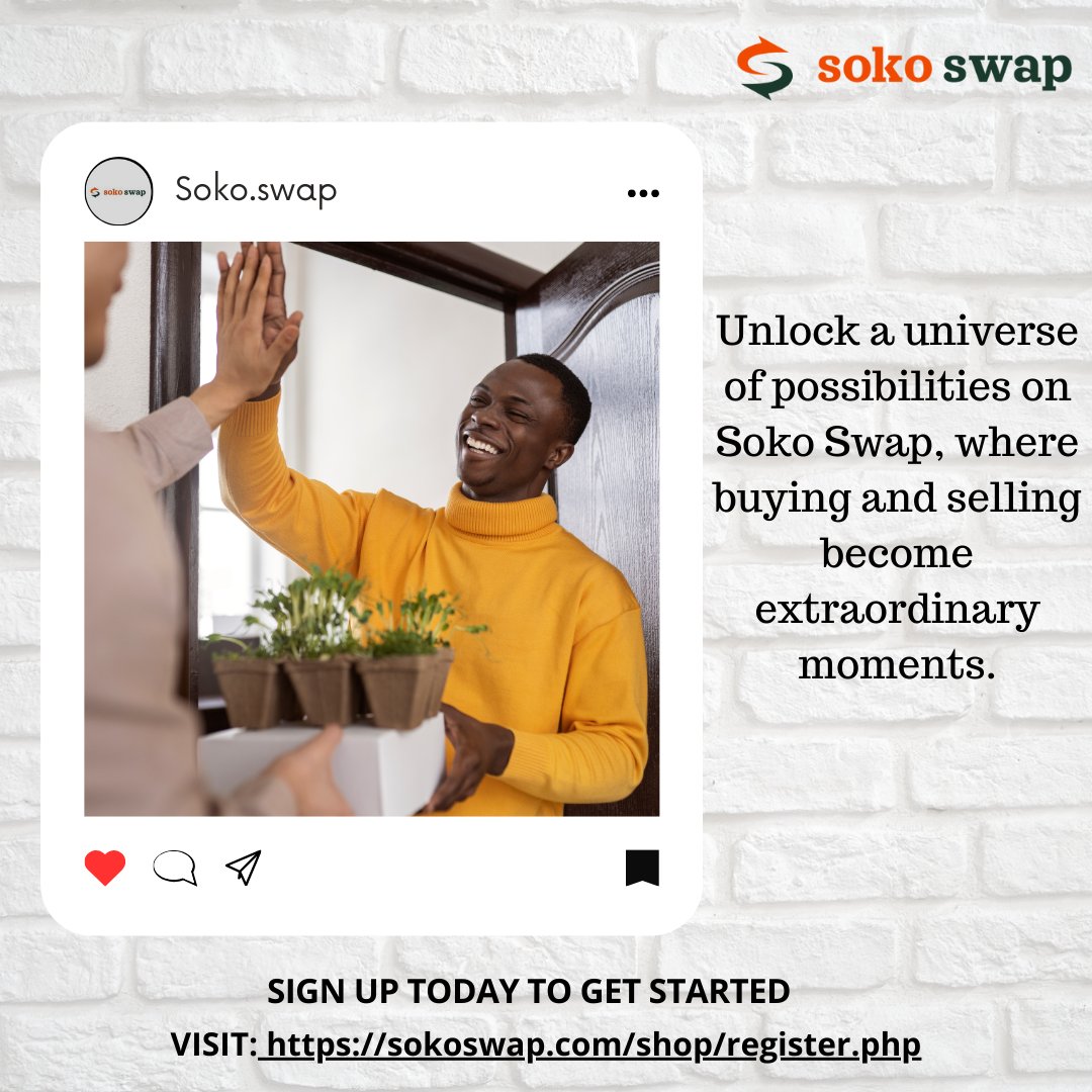 Join the vibrant community of buyers and sellers on Soko Swap and indulge in a world of unparalleled trading experiences.                

Sign Up here: sokoswap.com/shop/register.…

#Sokoswap #sellonsokoswap #sell #sellonline #kenya #businessowner #buyandsell