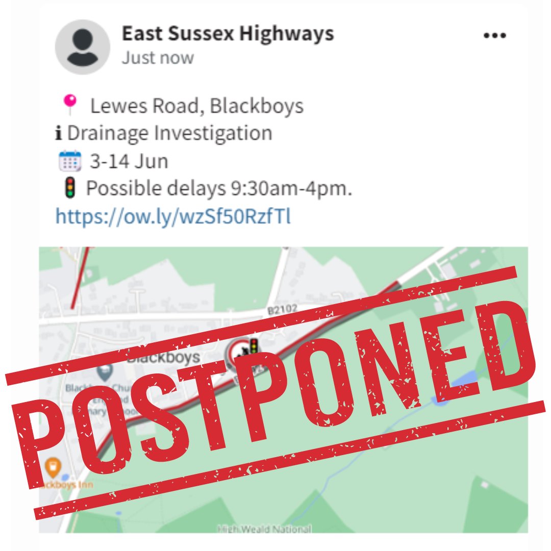 ⚠️UPDATE⚠️
Drainage works in Lewes Road, Blackboys have been postponed due to the extra equipment that is now needed for this scheme. The team has resolved the urgent flooding to the highway.  We’re very sorry for any inconvenience caused.