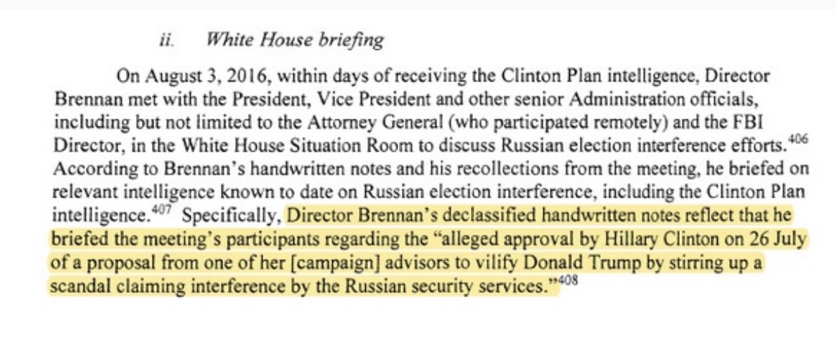 Durham: Obama and Biden sat in this August 3, 2016 Situation Room briefing and said, yeah, let's let the highest officials in our administration fabricate criminal evidence to frame the opposing party presidential candidate Donald Trump. Pure treason.