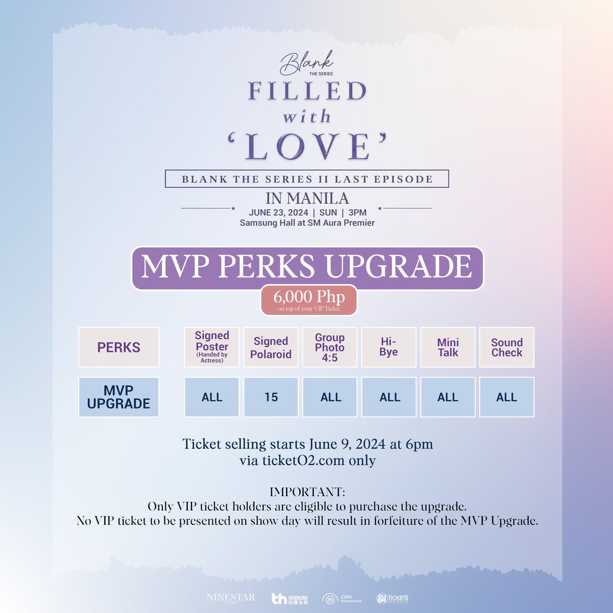 Seat plan, ticket prices, and fan benefits for the “Filed with Love” Blank The Series II Last Episode Watch Party with Faye, Yoko, Ice, and Marissa on June 23, 2024, at the Samsung Hall!

Tickets available June 9, 12PM via SM Tickets 🎫 

#FayeYokoInManila
#BlankWatchPartyMNL