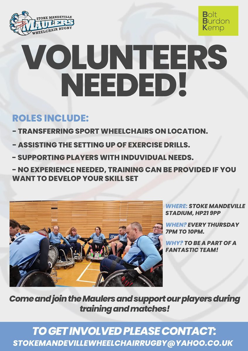 WE NEED YOU!! 👇(pleeasseee) 

In order for us to concentrate on and play our sport we need as much assistance as possible. 

If you are able to help us, then please do contact us to get involved. 

Stokemandevillewheelchairrugby@yahoo.co.uk 

#maulers #wheelchair #rugby