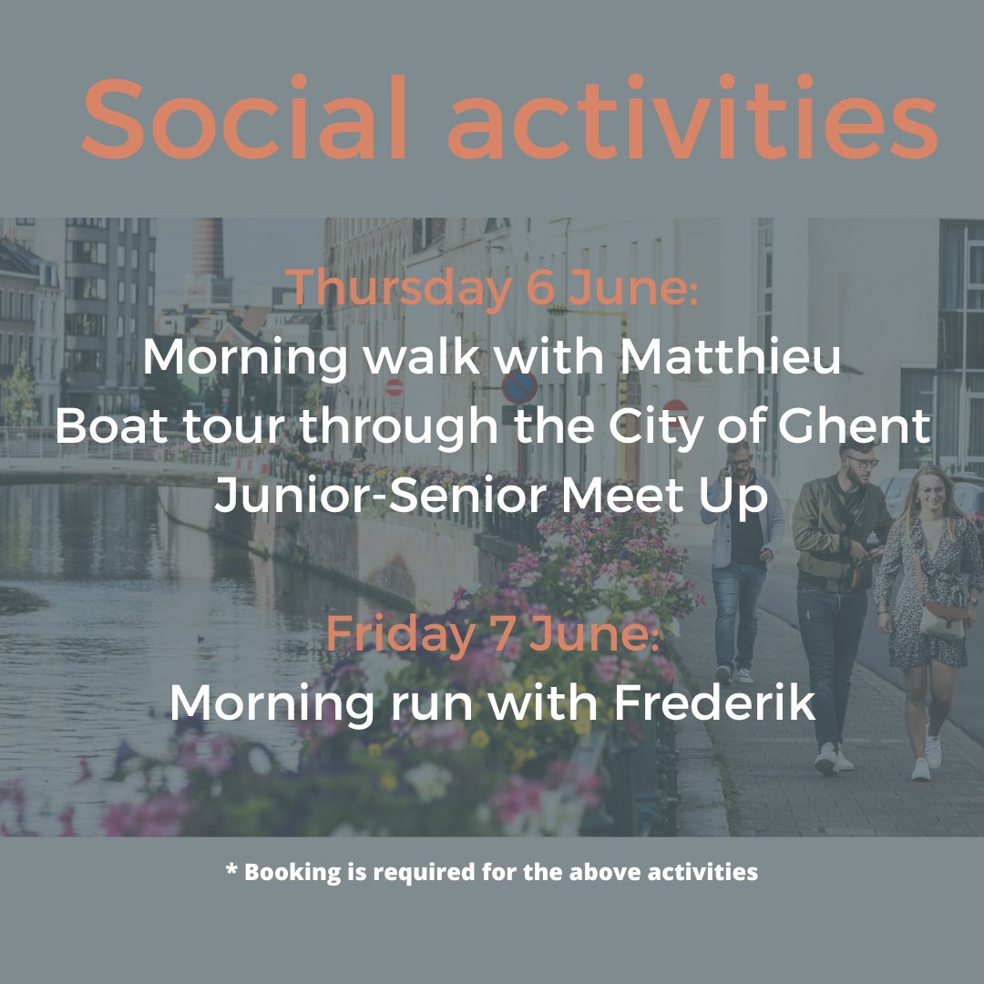 Ready to make some memories? Join our social activities!
 🏃‍♀️🏃‍♂️ Start the day with a refreshing morning walk/run 
🚤 Discover Ghent on a scenic boat tour  
🤝 Network and connect at our junior-senior meet up  
Don't miss out! Book your activities via the link in your mailbox.