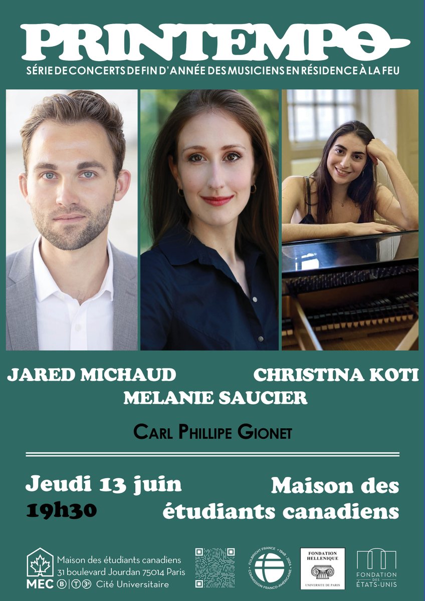 #Concert | Printempo

Jared Michaud, Melanie Saucier et Christina Koti vous invitent à un concert à la Maison des étudiants canadiens. Le programme réunit le chant et le folklore acadiens. 

Inscription gratuite⬇️
📆Jeudi 13 juin à 19h30
ℹ fondationdesetatsunis.org/fr/jared-micha…
