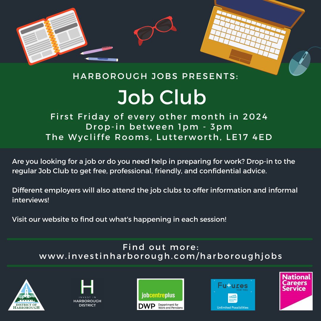 Find local jobs & #apprenticeships or training courses & voluntary roles to give you the experience or new skills you need for your next #job!

👍#Harborough Job Club 
👉The Wycliffe Rooms in #Lutterworth
📅Friday 7 June'24
⏲️Pop in anytime between 1pm - 3pm

#Harboroughjobs