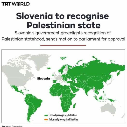 สโลวิเนียประกาศรับรองรัฐปาเลสไตน์อย่างเป็นทางการ
นับเป็นประเทศที่ 10 ในยุโรปที่ประกาศรับรองสถานะปาเลสไตน์

ร่วมรณรงค์ให้หลายประเทศประกาศรับรองให้ก้องโลก เพื่อหยุดการยึดครองปาเลสไตน์และหยุดการฆ่าล้างเผ่าพันธุ์ !!

#ปาเลสไตน์
#freepalestine
#ceasefirenow