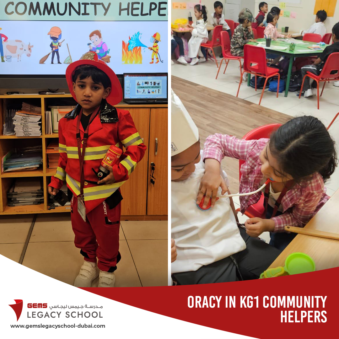 Our kindergarteners celebrated 'Community Helpers' this week, dressing up and describing their roles to classmates. The homemade costumes and confident speeches made for a fun and educational experience!
#GEMSLegacySchool #GEMSEducation #KHDA #Oracy