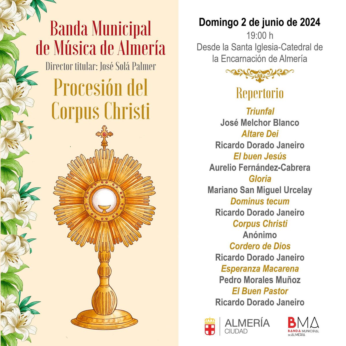 🎼 La Banda Municipal de Música de Almería participará este domingo en la procesión del Corpus Christi, desde la Catedral, a las 19.00 horas.