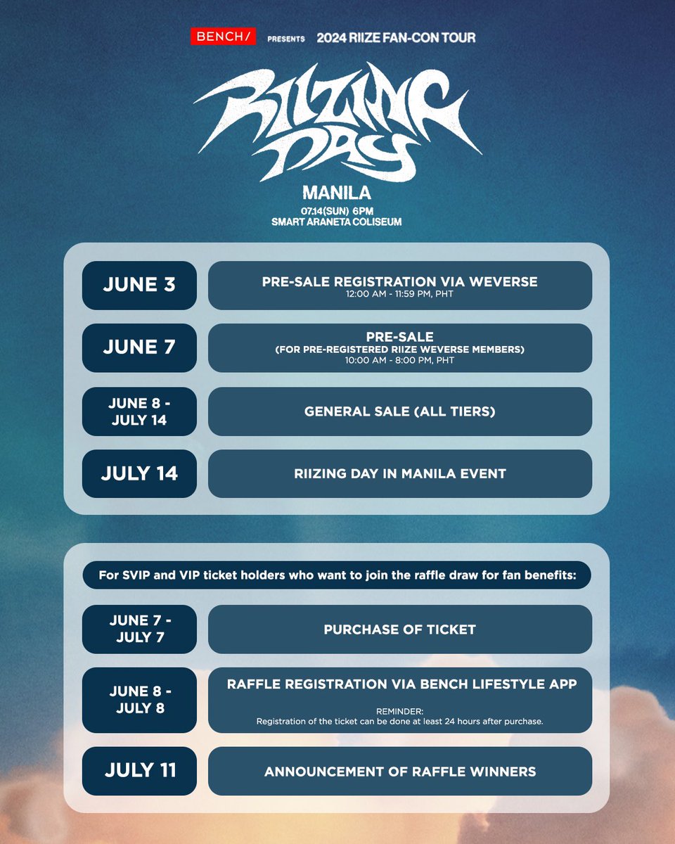 Seat plan and ticket prices for the 2024 RIIZE FAN-CON 'RIIZING DAY' in MANILA  happening on July 14, 2024, at the Araneta Coliseum, presented by @benchtm 

Mark these dates and gear up for a RIIZING DAY with #GlobalBENCHSetter RIIZE 🫶

#RIIZE_FANCON #RIIZINGDAY
#BENCHxRIIZE