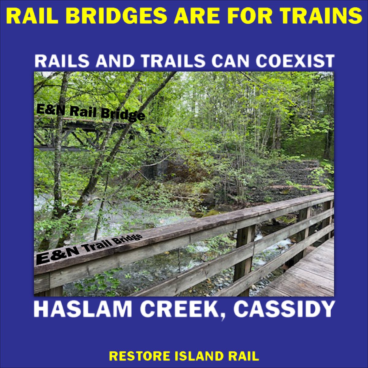 RAIL BRIDGES ARE FOR TRAINS

Rails and trails can coexist, this photo is from Haslam Creek, Cassidy right beside Nanaimo Airport.

Anyone proposing that we rip up the rails to create a trail on Vancouver Island is riding the road to hell paved with their good intentions. Rail