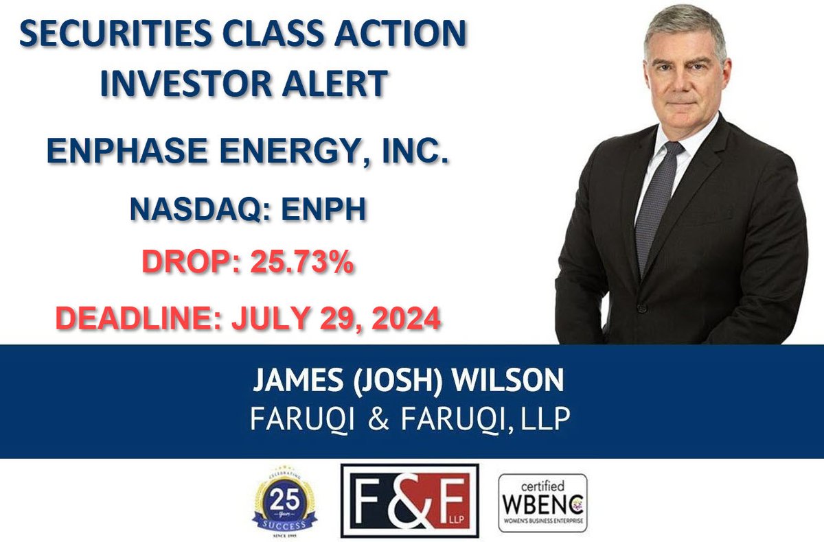 Enphase Energy, Inc. Class Action Lawsuit $ENPH             

Enphase Energy Deadline: July 29, 2024                    

Learn More Here: faruqilaw.com/ENPH

#faruqilaw #NASDAQ #NASDAQListed #stocks #stockmarketnews #StocksInNews #Investing