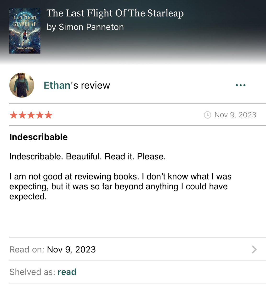 When an orphan encounters a ghost in a dark forest, she does not flee.
She sits next to him, &amp; says nothing for a very long time.
He wears strange clothes. Lights on them. Buttons.

Soon, she’ll find out about his spaceship.

Then everything will change...
amazon.com/Starleaps-Last…