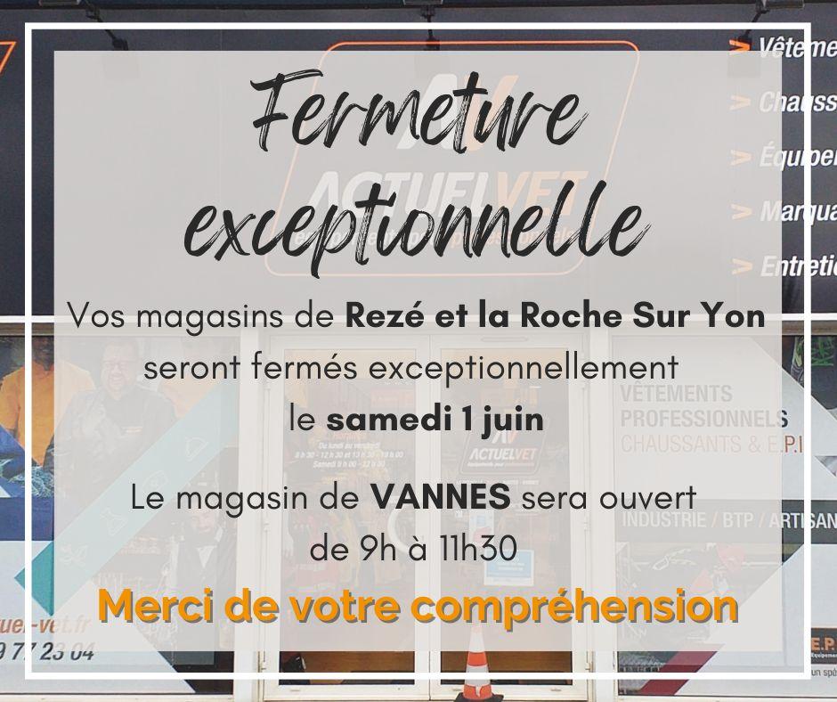 actuelvet's tweet photo. Fermeture exceptionnelle des magasins de Rezé et La Roche sur Yon le 1er Juin , le magasin de Vannes ne sera ouvert que le matin de 9h à 11h30. Les magasins de Niort et de Aytré restent ouverts aux horaires habituels. https://t.co/DIPar4twrd