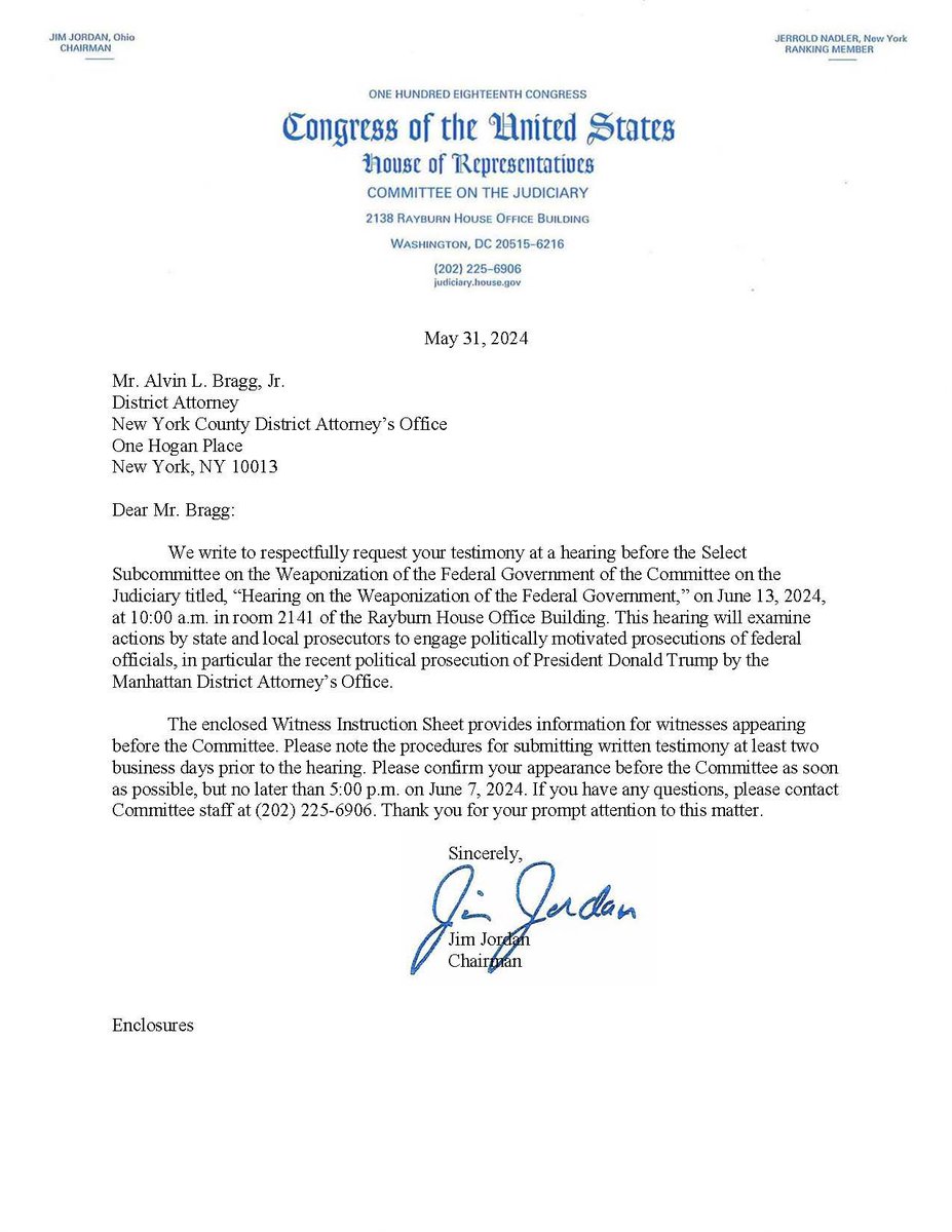 kylenabecker's tweet photo. BREAKING.🚨

Manhattan D.A. Alvin Bragg and former Biden DOJ official Matthew Colangelo have been invited to appear before the House Weaponization Committee. https://t.co/23vNr87Shw