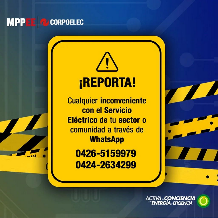 Si presentas inconveniente con el servicio eléctrico en tu sector o comunidad 
 
🗣️ Reporta
 
A través del 👇
 
📲 WhatsApp
 
✅ 0426-5159979
✅ 0424-2634299