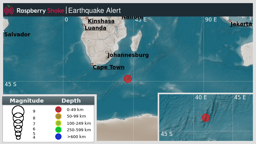 raspishakEQ's tweet photo. Preliminary M5.9 #Earthquake
ID: #rs2024kskagk
1648km from #Marshstrand, #IndianOcean
2024-05-31 15:46 UTC
Source: #EMSC
@raspishake
Join the largest #CitizenScience EQ community β‘ https://t.co/Y5O0dgJqJF
EVENT β‘ https://t.co/qq7ByRb4TC https://t.co/z54mrzbbIY