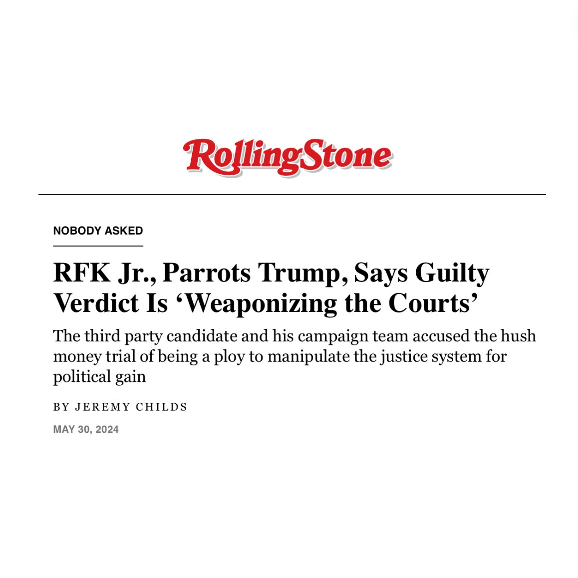 Funded by Trump’s largest donor. Defends Trump in the press. Make no mistake — RFK Jr. is nothing more than a spoiler for Donald Trump.